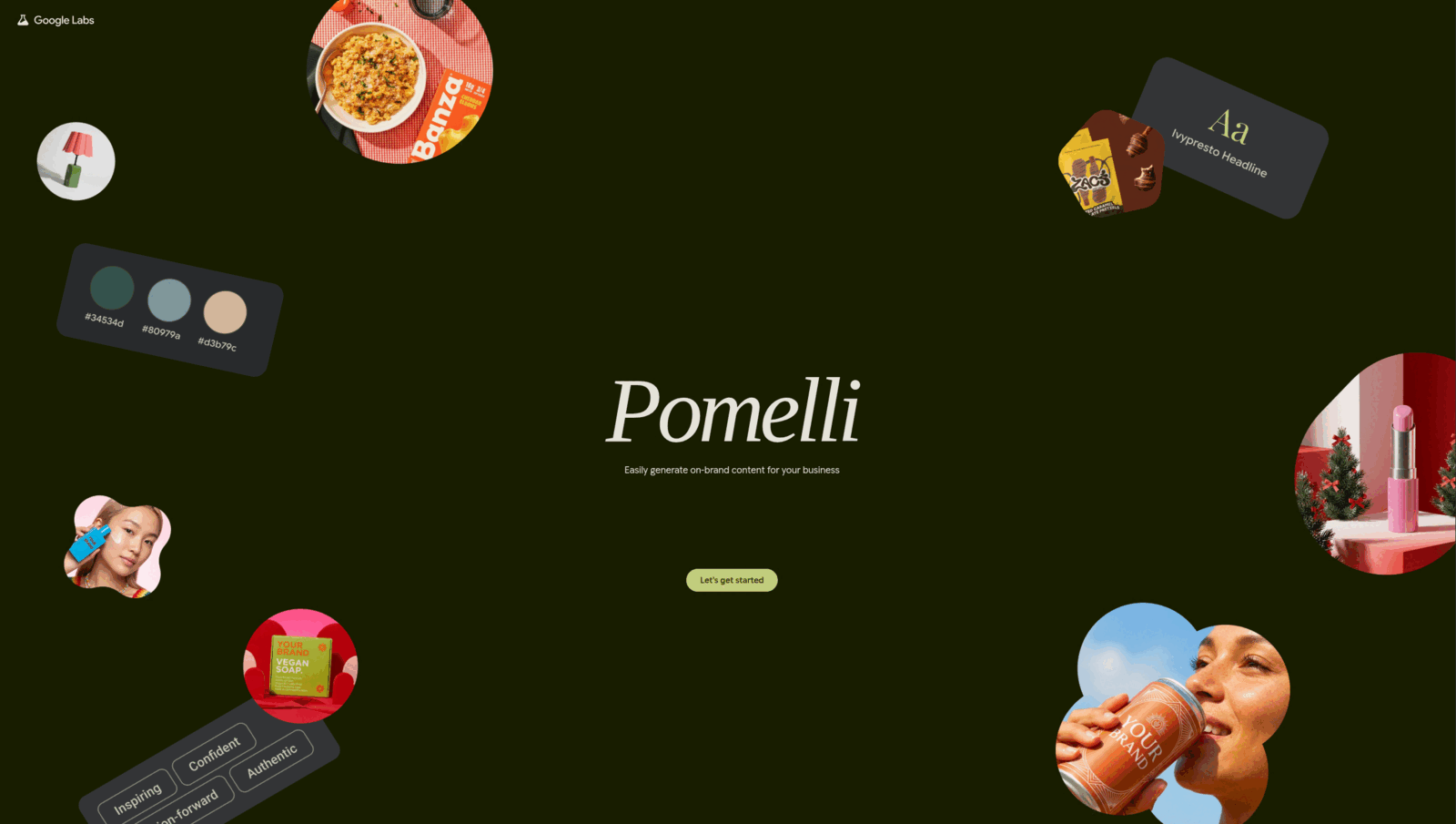 The Pomelli landing page showing the pieces of a Business DNA: colour palette, fonts and adjectives describing the tone of voice